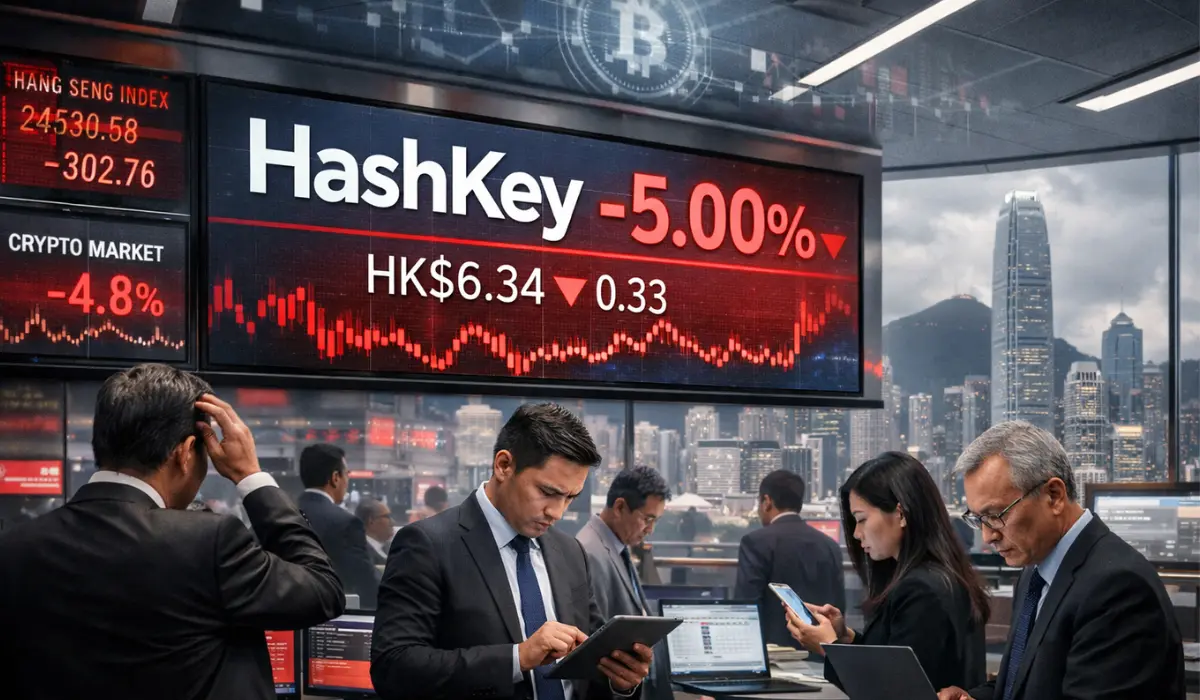HashKey Hong Kong IPO shares falling 5% with stock market graph in the background