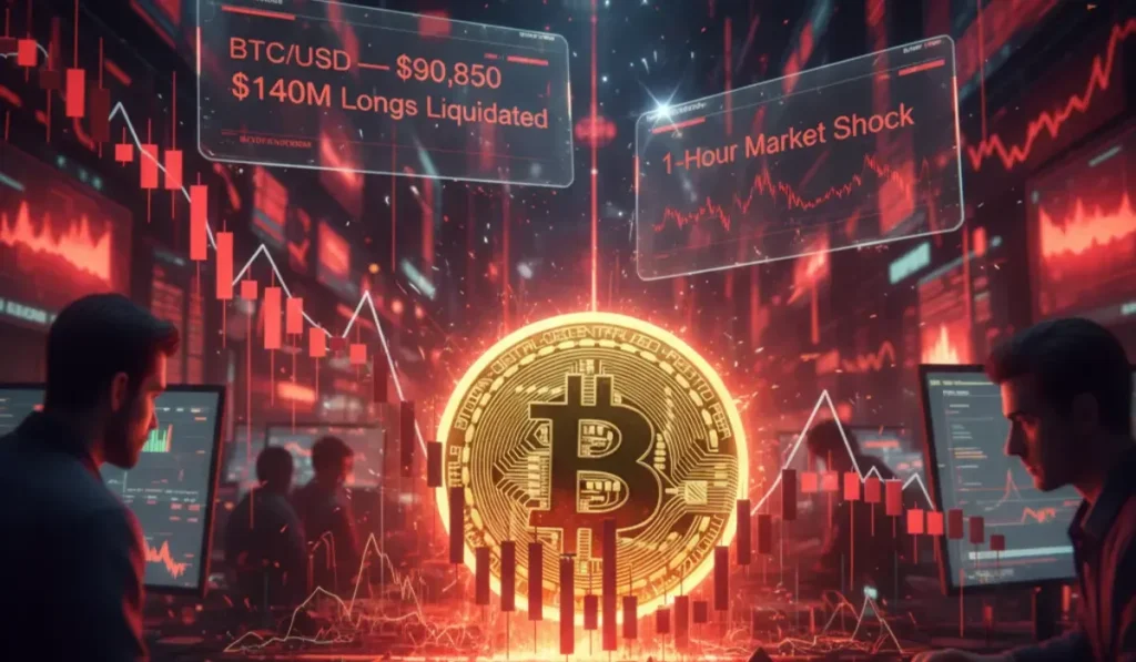 Bitcoin Falls Below $91,000 as $140M in Longs Liquidated in an Hour